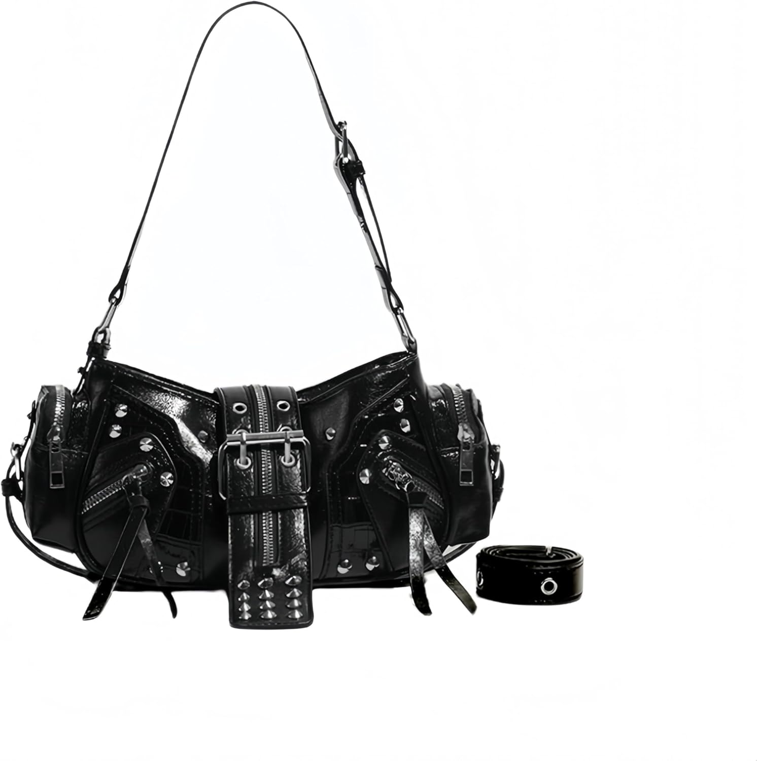 JHTPSLR Punk Shoulder Purse Women Rivet Belt Leather Purse Goth Y2k Handbag Motorcycle Streetwear Going Out Bag