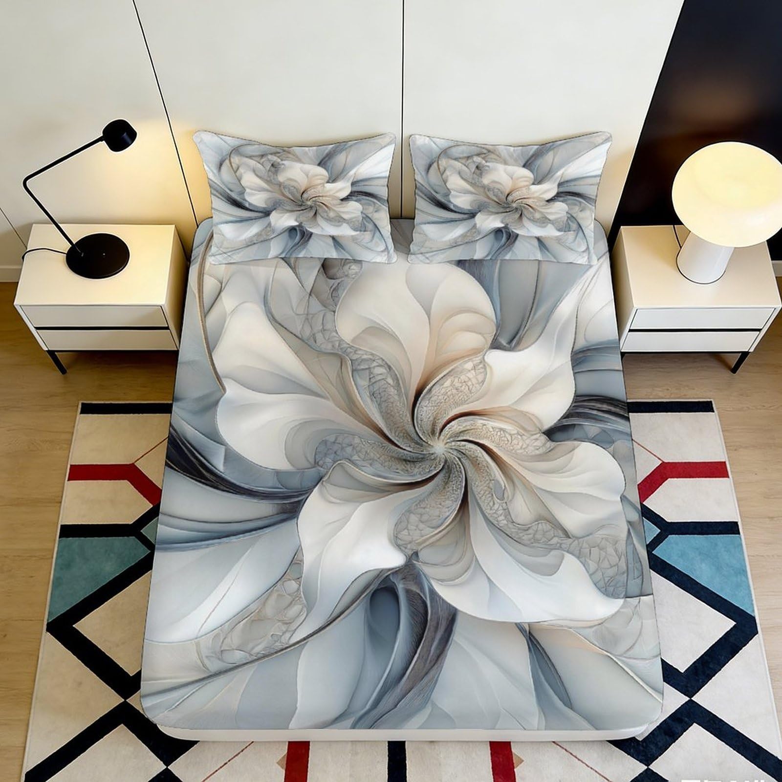 3D Printed Abstract Floral Fitted Sheet Microfiber Soft Breathable Swirl Bed Cover for Bedroom Dormitory Guest Room Mattress Protection Decor 120x200x25cm