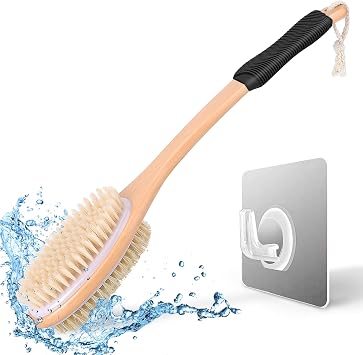 KIPRITII Ergonomically Back Scrubber for Shower,Double-Sided Back Long Handle Wet & Dry Brush for Cellulite and Lymphatic Black