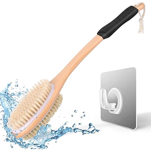 KIPRITII Ergonomically Back Scrubber for Shower,Double-Sided Back Long Handle Wet & Dry Brush for Cellulite and Lymphatic (Black)