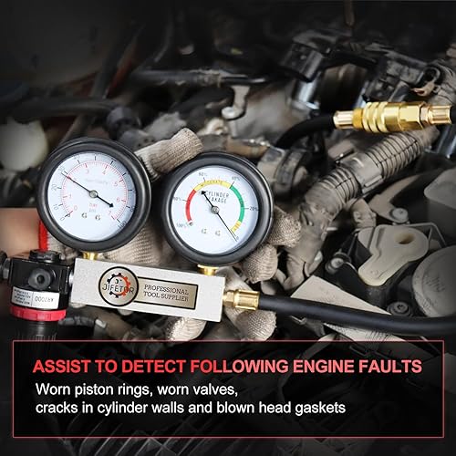Miniatura 6 de JIFETOR Kit de probador de fugas de cilindro, medidor de presión dual profesional, detector de fugas de compresión de motor, juego de prueba de