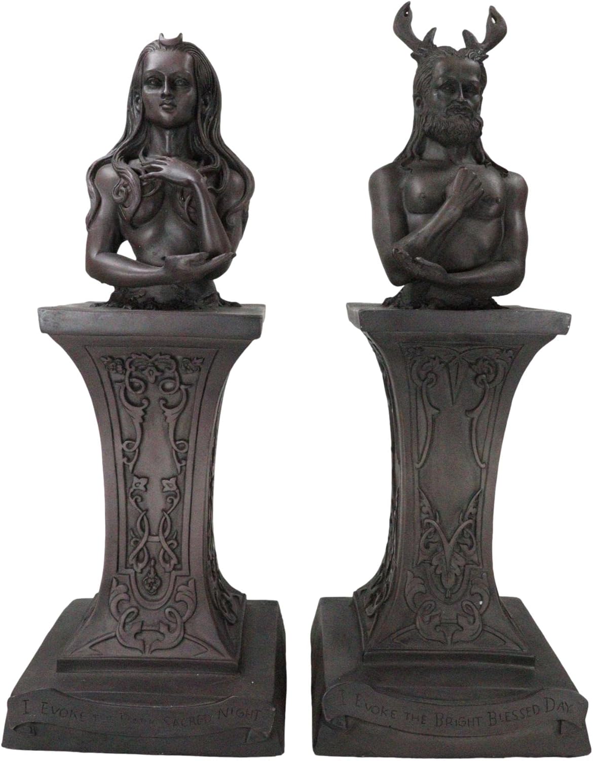 Ebros Neopaganism Wiccan Primary Deity Statue Featuring The Masculine Horned God Or Feminine Crescent Moon Triple Goddess Busts On Pedestal (Set of Two Triple Moon Goddess and Horned God)