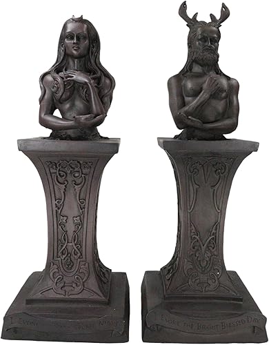 Ebros Neopaganismo Wicca Estatua de deidad primaria con el dios masculino con cuernos o luna creciente femenina Triple diosa bustos en pedestal