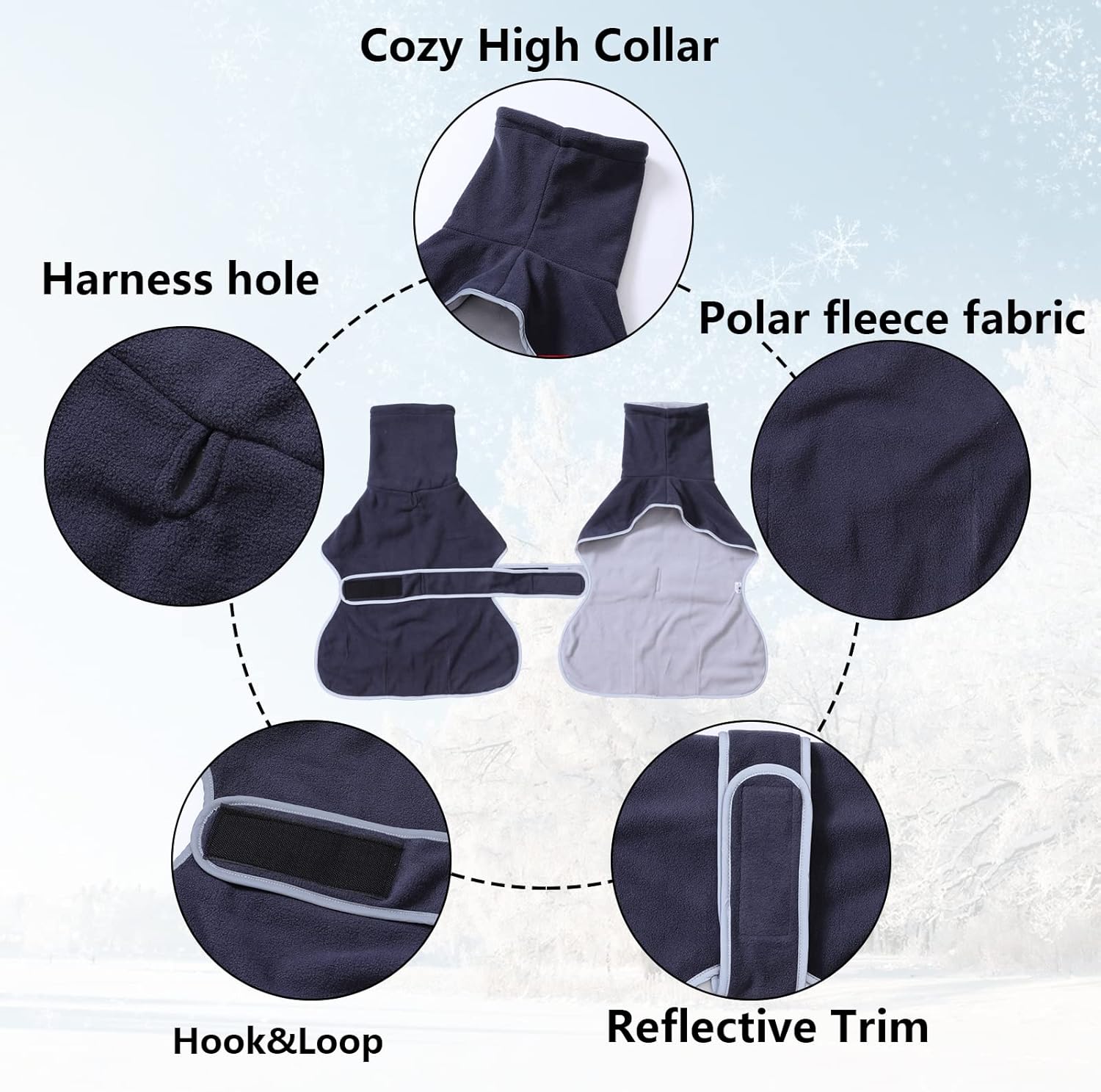 Geyecete Greyhound Cosy Fleece Jumper, Dog Winter Coat with Warm Fleece Lining, Outdoor Dog Apparel with Adjustable Bands for Medium, Large Dog -Blue-L