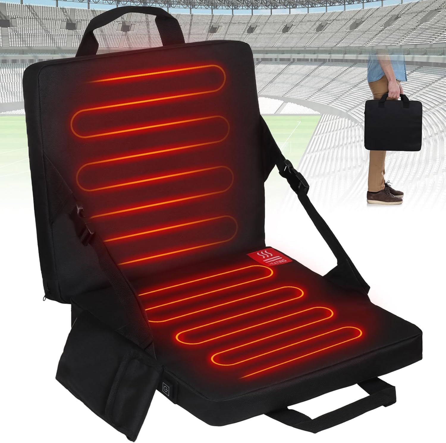 Portable Foldable Heated Stadium Seat, Heated Seat Cushion,3 Level Heated Chair Pad with Pocket,Thick Heated Seats for Bleachers,Outdoor,Indoor Sports(Black)