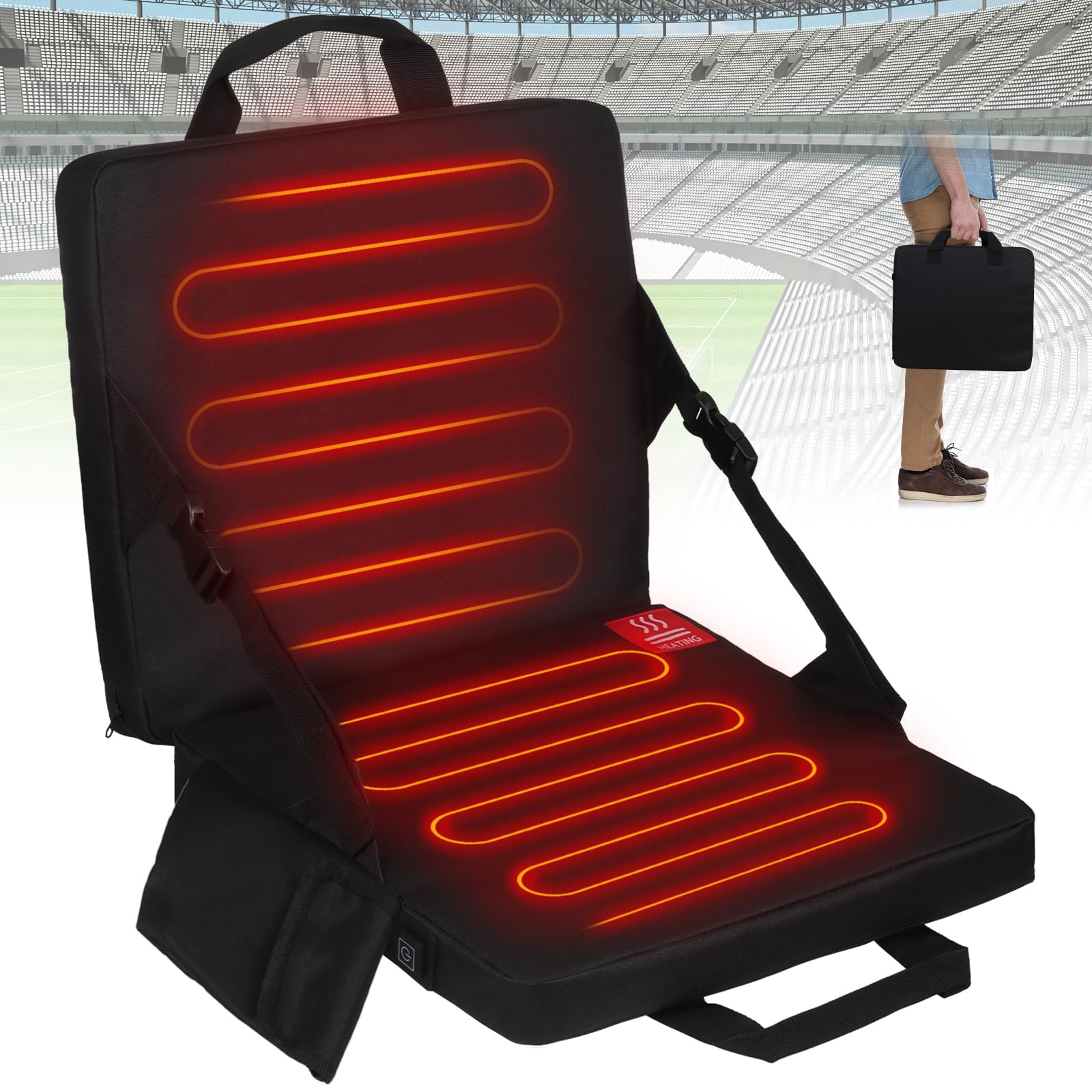glowskyPortable Foldable Heated Stadium Seat, Heated Seat Cushion,3 Level Heated Chair Pad with Pocket,Thick Heated Seats for Bleachers,Outdoor,Indoor Sports(Black)
