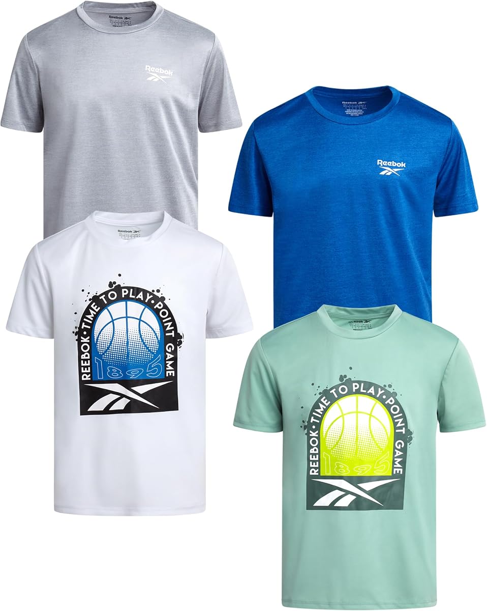 Boys 4-Pack Dry Fit Crew Neck Athletic Tees for School & Play | Breathable Stay-Put Design That Resists Riding Up During Games, Smooth Seams, Tagless Comfort Ready for School or Play