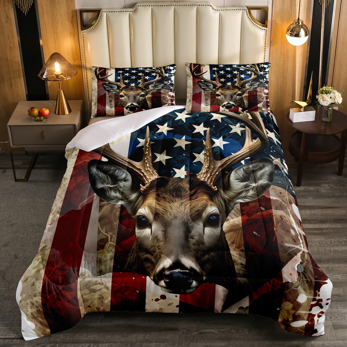 Erosebridal USA Flag Comforter Set Military American Flag Bedding Comforter Sets, Hunting Deer Elk Print Bedding Sets Full, USA Federation Stars Duvet Set Rustic Wild Animal Quilt with 2 Pillowcases