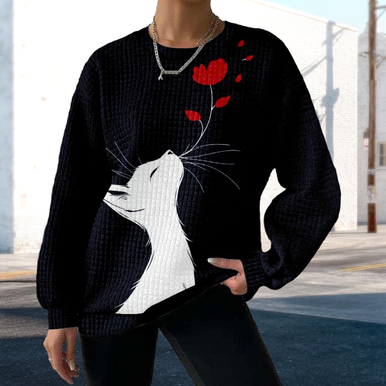 Waffle Sweatshirt Women Cute Funny Long Sleeve Crew Neck Fall Sweatshirts Cat Graphic Pullover Trendy Outfits - Image 2