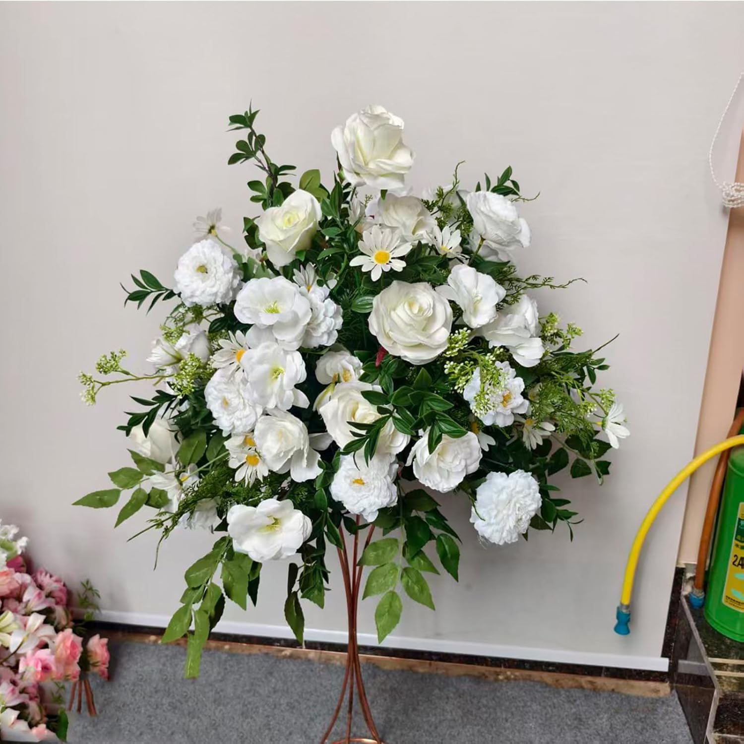Lucky flower White Artificial Flowers Ball, Silk Rose Daisy Peony Bouquet with Green Leaves, Faux Floral Arrangement for Wedding Centerpieces, Bridal Shower, Party, Home Table Decor (Green A,80cm)