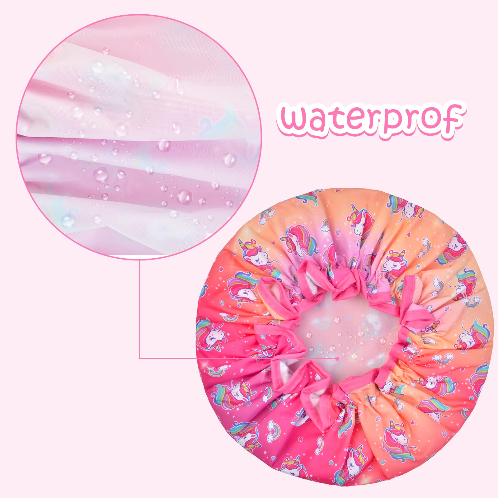 Shower Cap for Kids 3 Pcs Kids Shower Caps for Girls Cute Rainbow Hair Cap Wide Elastic Band - Image 4