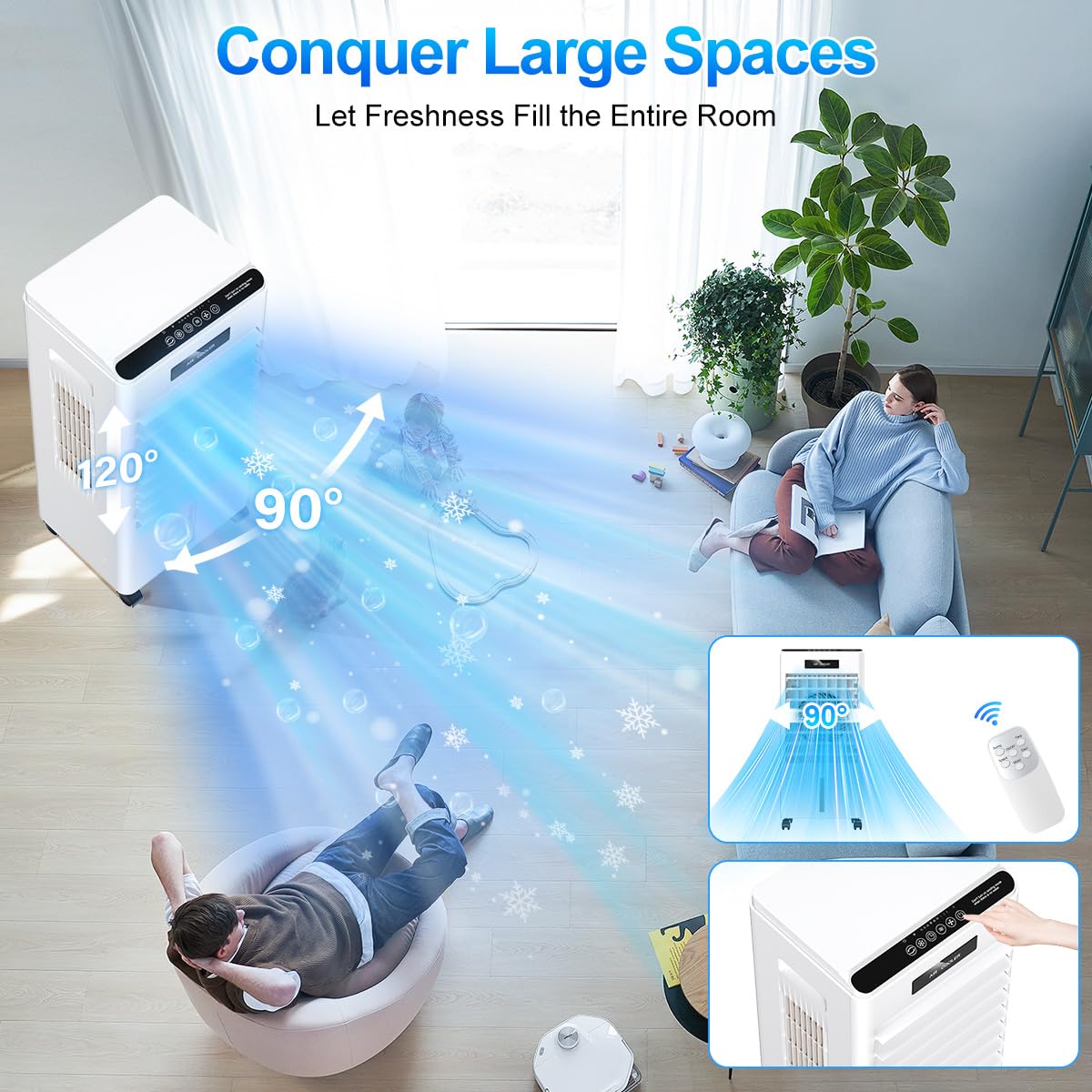 Portable Air Conditioners, 3-in-1 AC Cooling Fan 3 modes 3-Speed with Remote Control & 4 Ice Boxes, Evaporative Air Cooler with 8L Tank for 20H Cooling, for Home, Bedroom, Kitchen, Living Room (White)