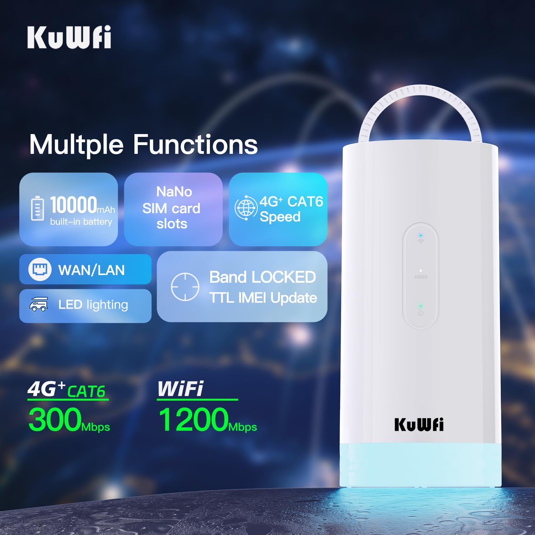 KuWFi Routeur WiFi 4G+ Mobile Double Bande 1200Mbps avec Batterie 10000mAh - Borne WiFi Nomade Extérieure Rechargeable Solaire pour Camping, Van et Randonnée