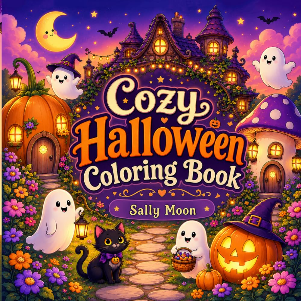 Cozy Halloween Coloring Book: Cute Ghosts, Pumpkin Houses, Magical Mushrooms, Haunted Cottages, and Relaxing Spooky Scenes for Kids, Teens, and Adults