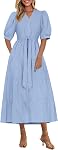 PRETTYGARDEN Robes d'été pour femmes 2026 Élégant Classy manches courtes V cou volant une ligne ceintée longue plage robe de vacances
