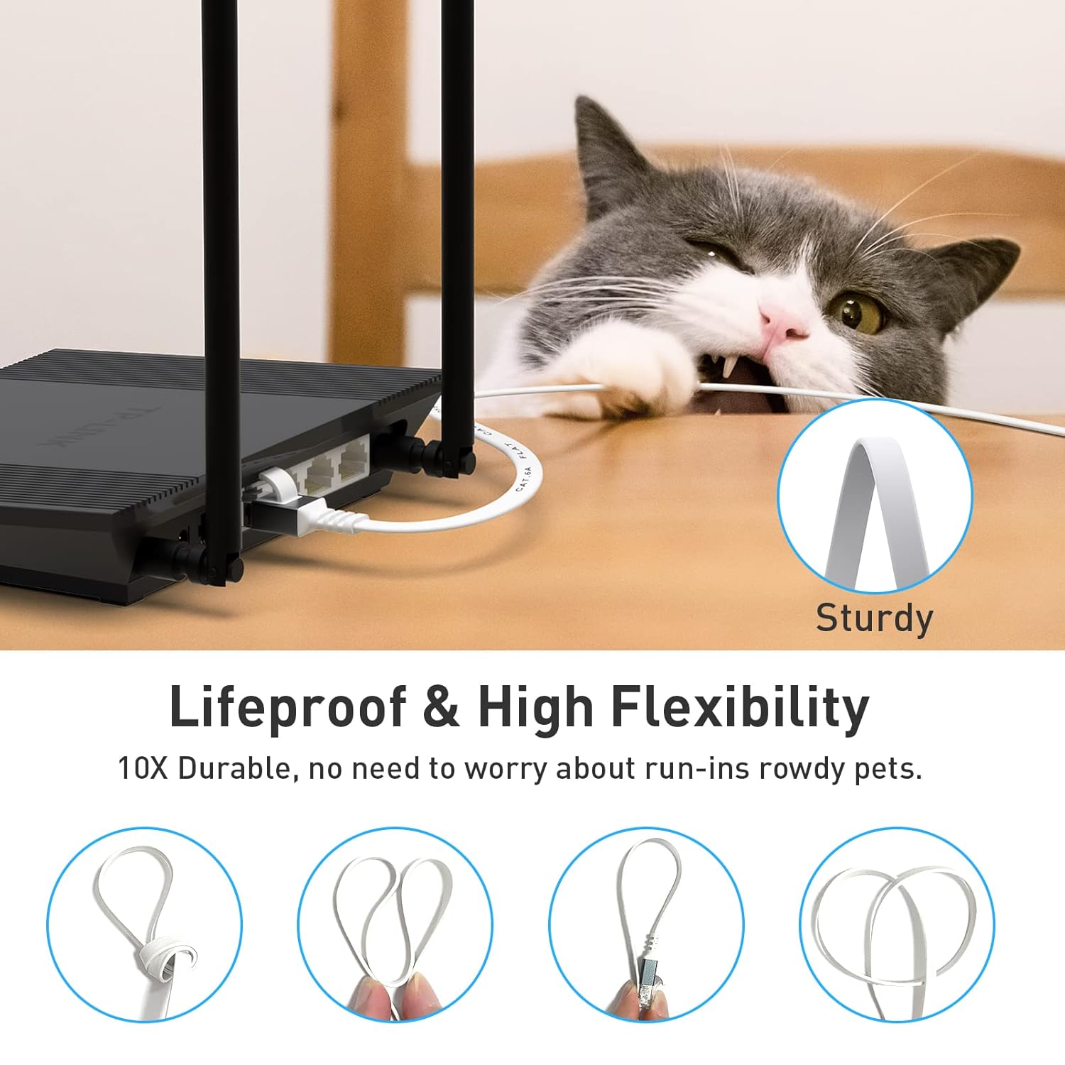 Cat 6a Ethernet Cable 100 Ft,Durable Flat Internet Network LAN Cable with 1.5Ft Short Patch Cord, Slim High Speed Gigabit Computer Wire with RJ45 Connectors, Faster Than Cat6/Cat5e/Cat5 Cable - White