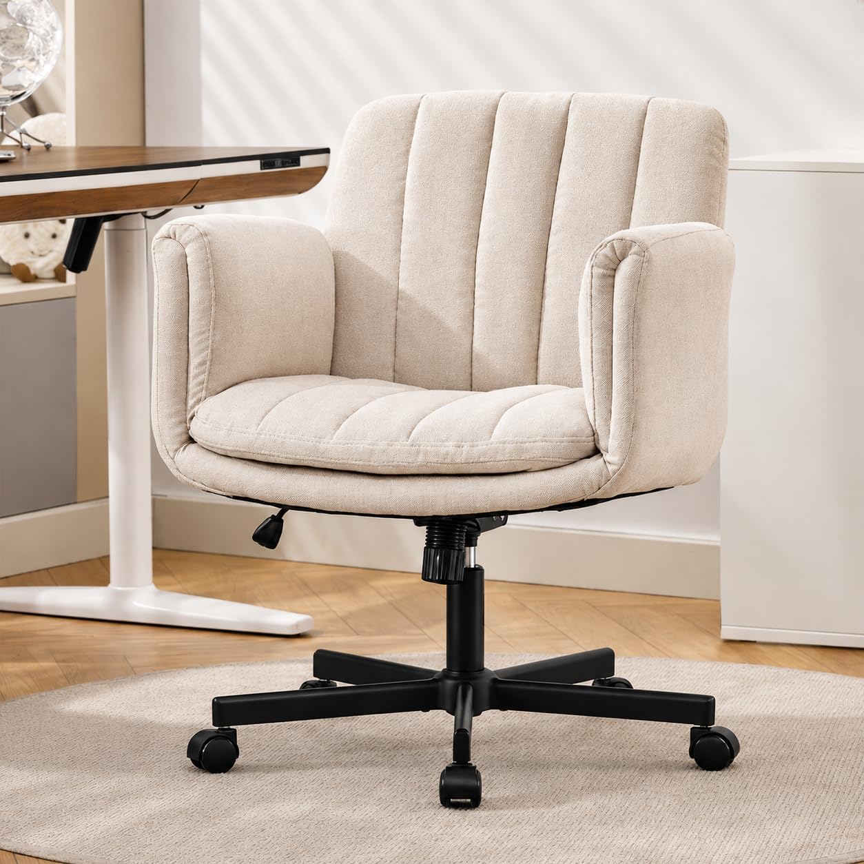 Criss Cross Office Chair with Wheels and Arms, Vanity Chair with Back, Comfy Swivel Cross Legged Office Chairs for Ultimate Comfort and Support, Unique Multifunctional Stylish Arms (Beige)