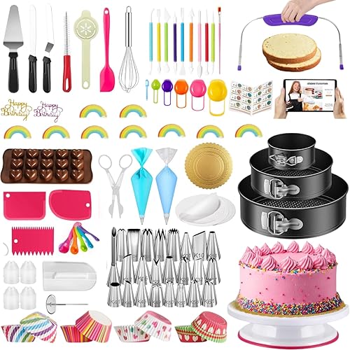 700PCs Cake Decorating Kit with Baking Supplies - Cake Turntable for Decorating with Baking Pans, Leveler, 24 Numbered Piping Tips, 2 Spatulas, Fondant Tools, Video Course, Pattern Chart & More