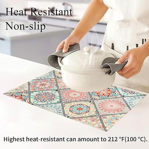 Miniatura 5 de Juego de 4 manteles individuales bohemios de lino lavables, resistentes al calor, lavables, manteles individuales rectangulares de tela impermeable