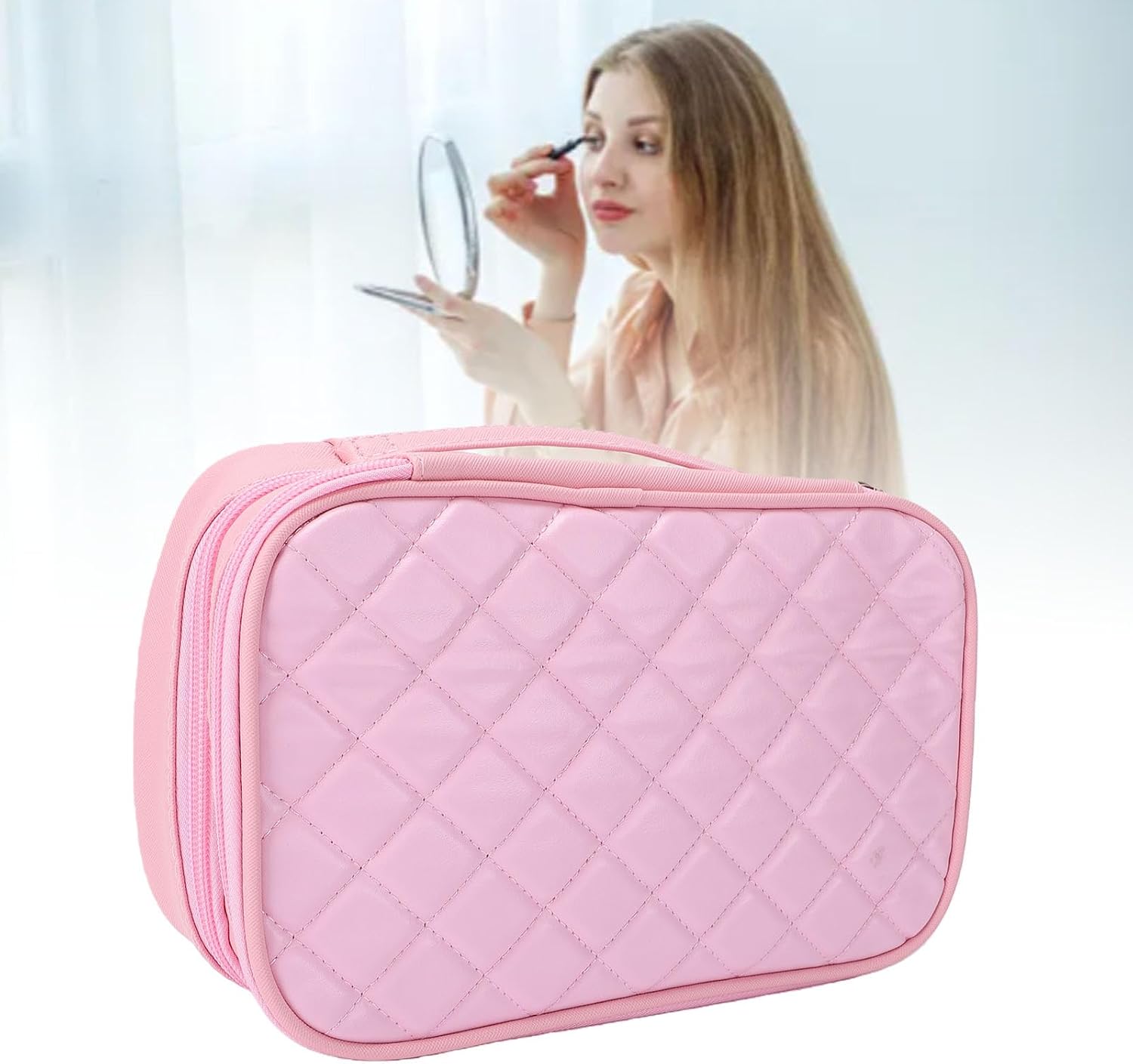 banapoy Travel Makeup Bag with Mirror, Double Layer, Pink image 3