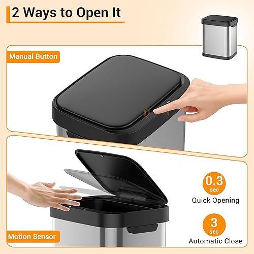 Miniatura 7 de Cubo de basura de 8 galones con tapa, bote de basura automático sin contacto con sello de olor, cubo de basura de acero inoxidable con sensor de