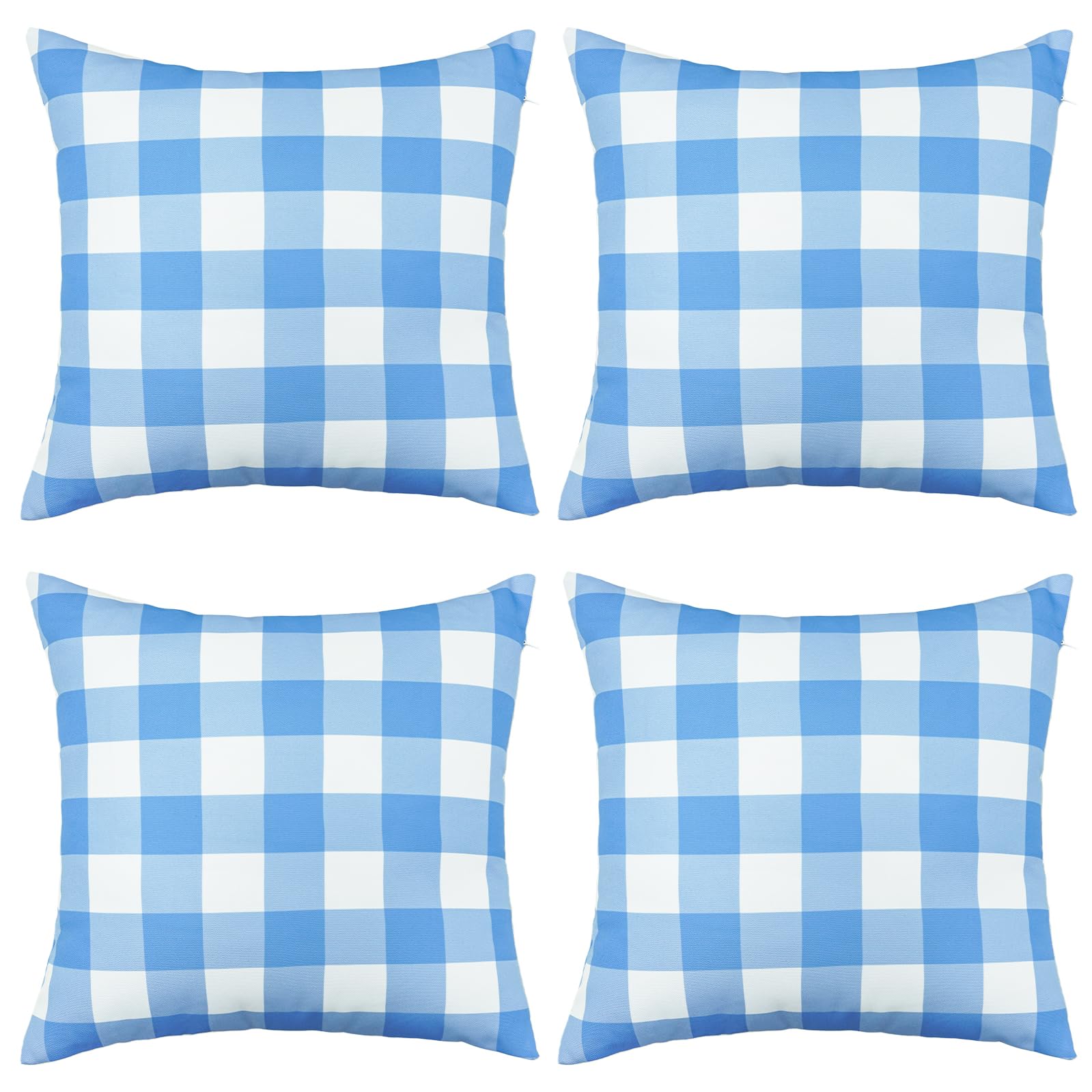 3E Home Blue Gingham Outdoor Cushion Covers 45 x 45cm Set of 4,Blue and White Checkered Spillproof Decorative Throw Pillow Covers Furniture Pillowcases for Garden Patio Balcony Bench Sofa