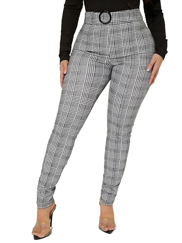 Womens Sexy High Waist Plaid Belted Pants Zipper Long Pant Trousers For Women