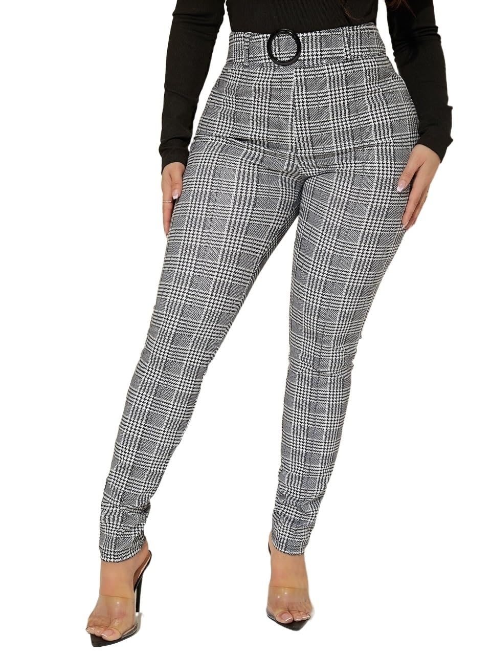 Womens Sexy High Waist Plaid Belted Pants Zipper Long Pant Trousers For Women