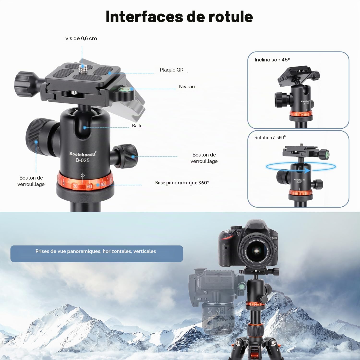 Koolehaoda 25"/ 63,5 cm Mini trépied d'appareil Photo Compact en Alliage d'aluminium, trépied de Voyage Portable avec rotule 360° pour caméscope DSLR, Charge jusqu'à 10 kg - (Orange)