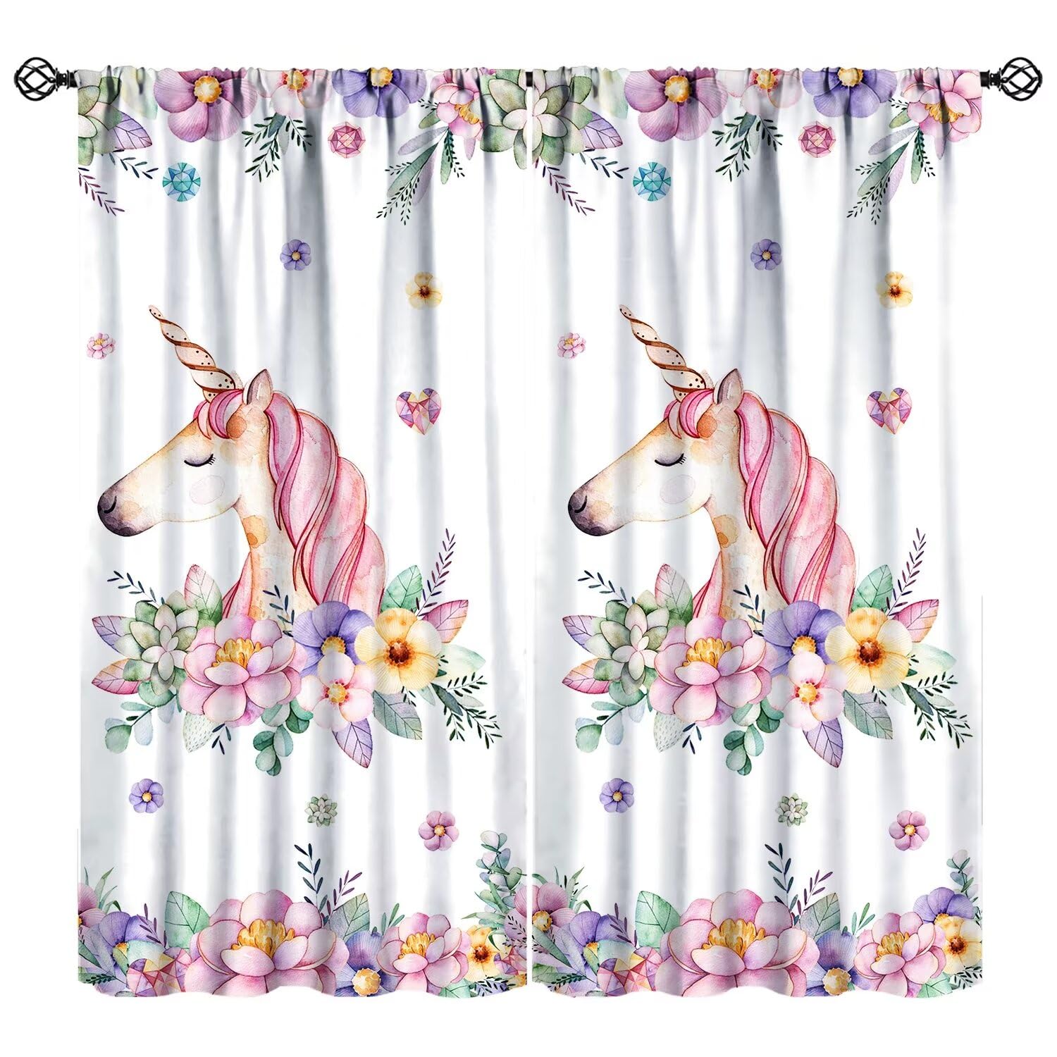 JESTRONRY Unicorn Window Curtains for Girls Room, Unicorn Flower Print Pattern Thermal Drapes Window Treatments for Kids Bedroom 84x84 Inch Blackout
