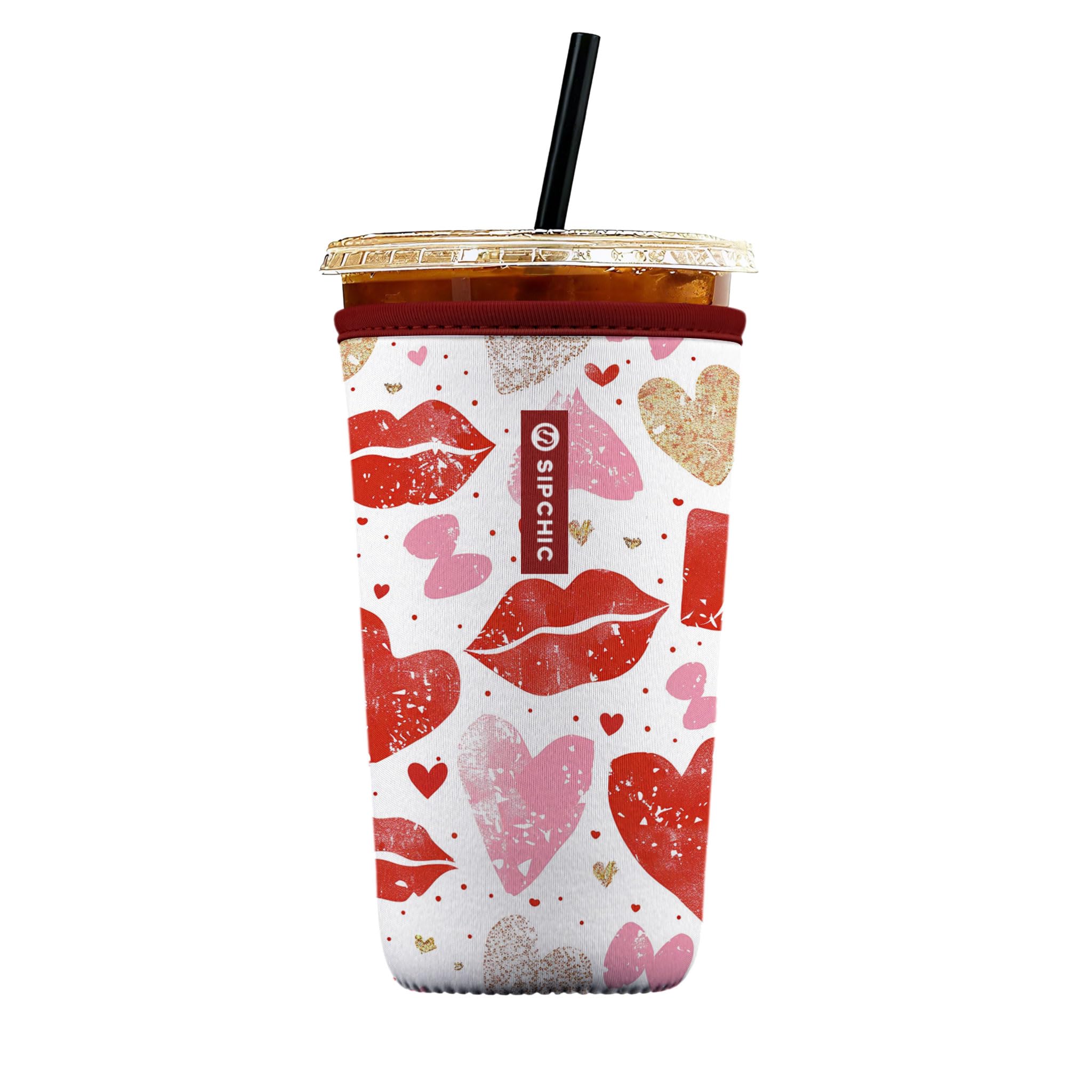 Iced Coffee Sleeve – Neoprene Reusable Cup Sleeves for Drinks, Insulated Drink Sleeves to Keep Hands Dry &amp; Drinks Cold, Stylish &amp; Durable Coffee Sleeves (Love Kiss, Large: 30-32oz)
