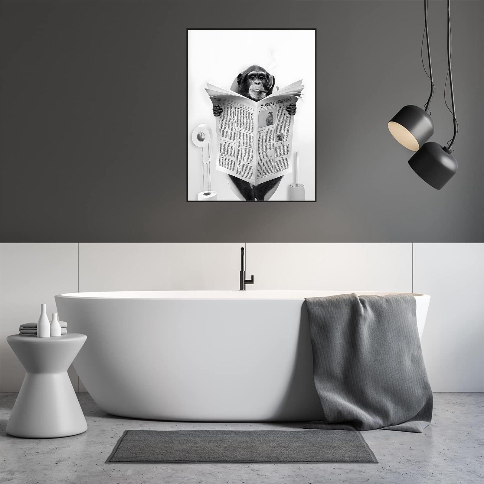 Cute Newspaper Animal Wall Art Black and White Canvas Printed Cabin Bathroom Decoration Bath Wall Picture Frameless Monkey 1 Piece 20 x 30 cm - Image 4