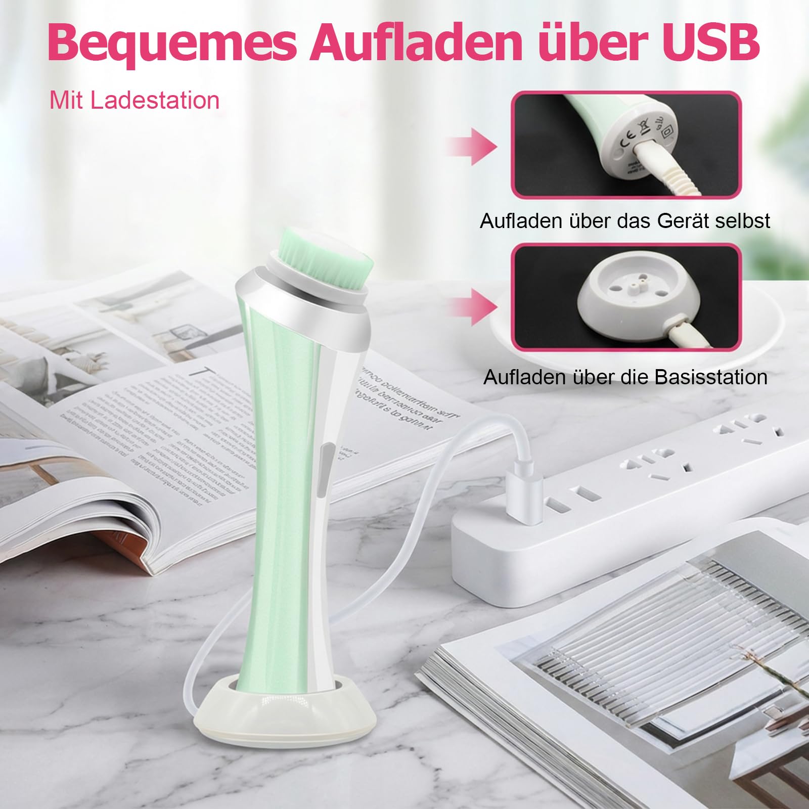 Cepillo eléctrico de limpieza facial 4 en 1, cabezales intercambiables para exfoliación, limpieza, masaje, 2 velocidades, IPX4 a prueba de salpicaduras, recargable con base, para todo tipo de piel