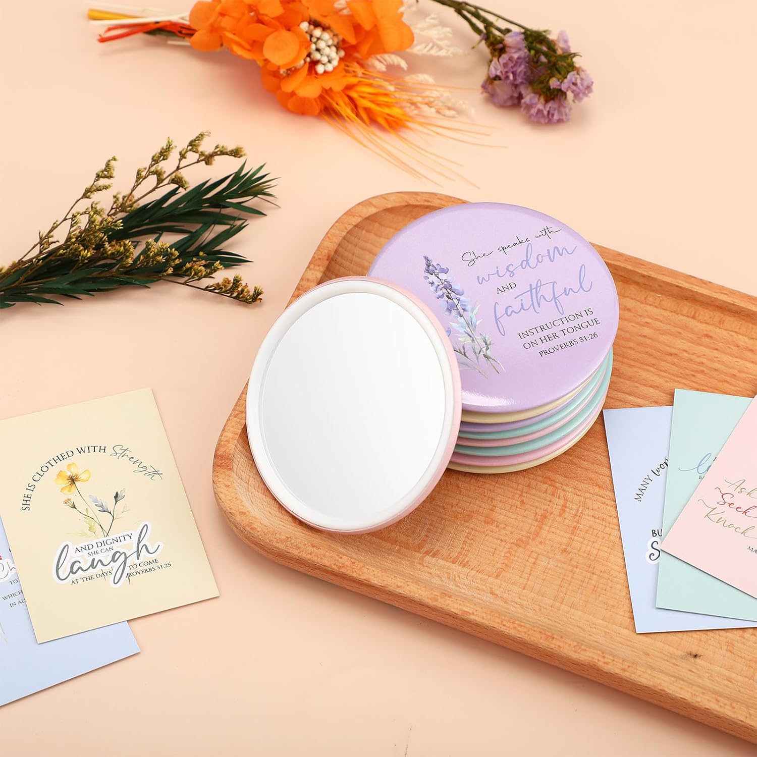 Funnymoom 48 Sets Christian Gifts for Mother's Day Women Bible Verse Compact Mirror with Card Bag Inspirational Pocket Makeup Mirror Gifts for Mom Church Group Sunday School(Pastel Color)