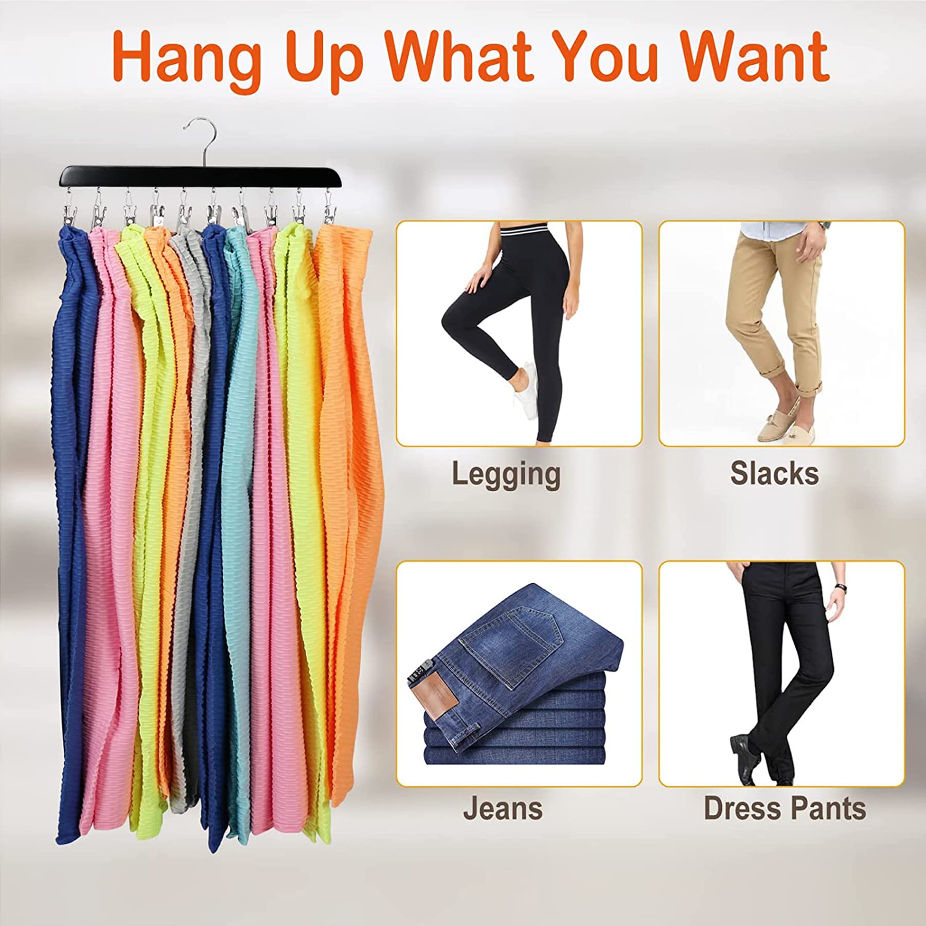 Baoswi Confezione da 2 organizer per legging per armadio, grucce in legno con clip girevoli a 360°, può contenere 20 leggings e pantaloni, organizer per armadio rivestito in gomma nera