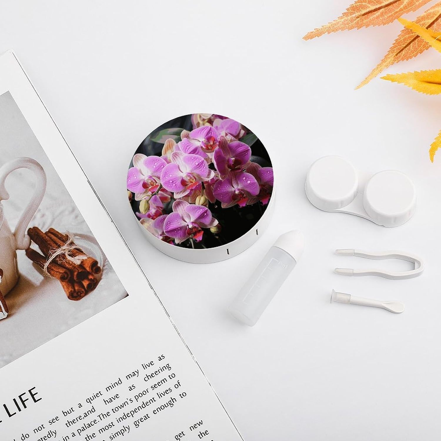 Orchids Contact Lens Case Portable Contact Lens Applicator Removal Tool Kit Cute Round Eyeglass Cases with Mirror for Daily Vision Care And Outdoor Use