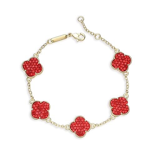 14k Gold Plated Sparkling Red Cubic Zirconia Clover Bracelet for