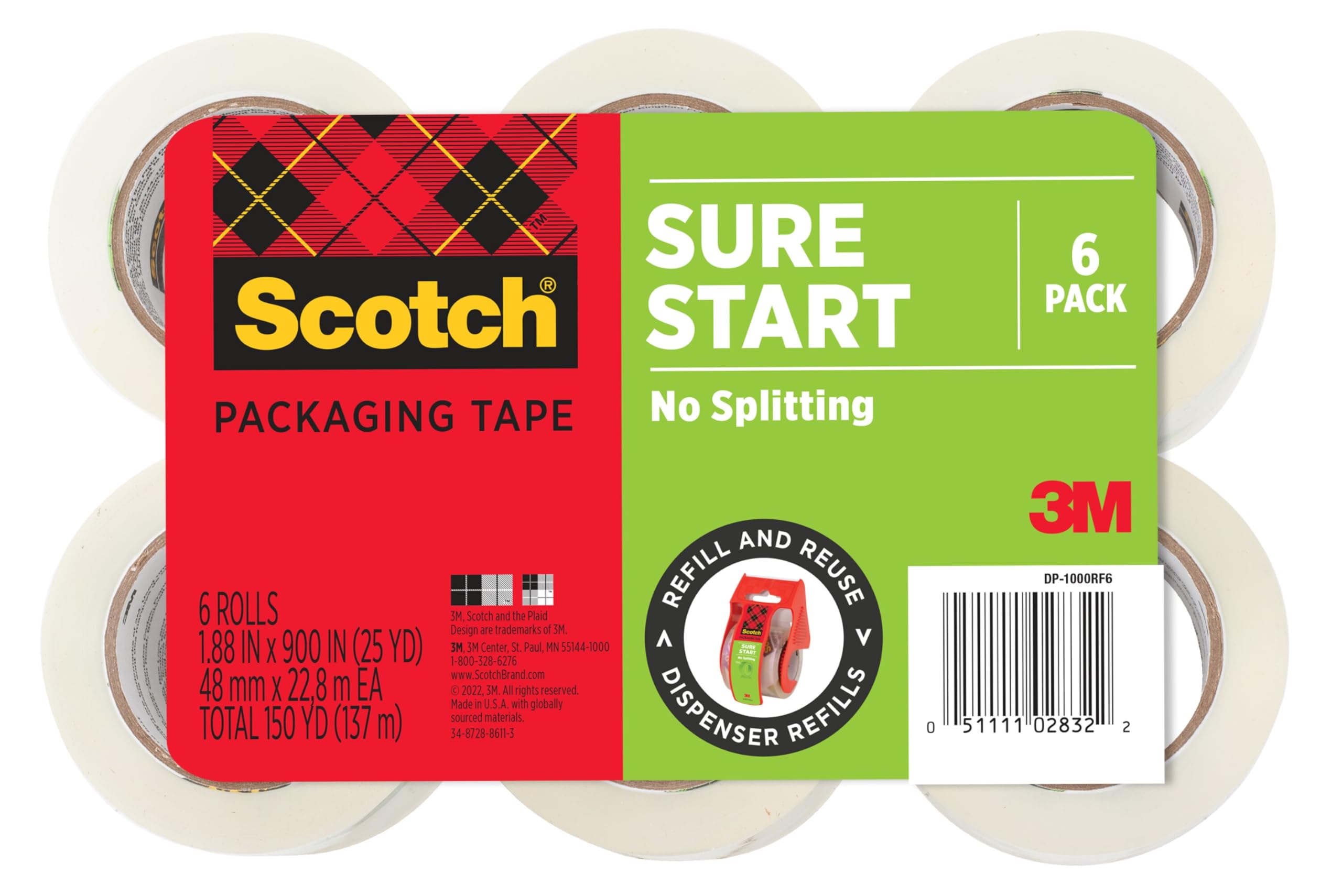 Scotch Sure Start Verpackungsband, 4,8 cm x 22 m, entworfen für Verpackung, Versand und Versand, glattes und ruhiges Abrollen, 3,8 cm Kern, transparent, 6 Rollen (DP-1000RF6)