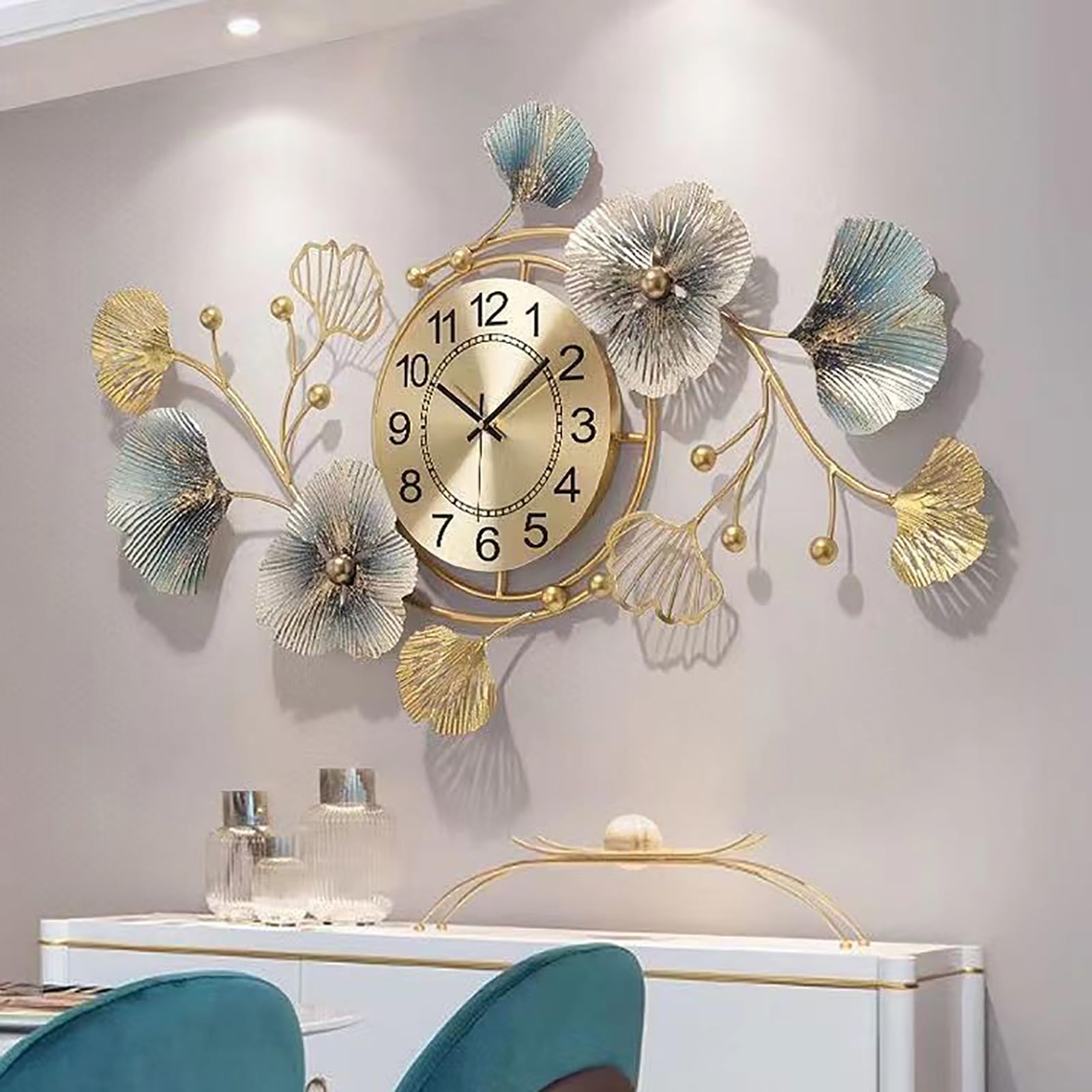 UIHECTA Big Wall-Mounted Mirrors, Large Wall Decor, Ginkgo Leaf Design, Metal Wall Mirrors Decor, Metal Wall Decor Mirror, for Bedroom Living Room Bathroom Vanity Entryway,Horizontal Clock,94cm