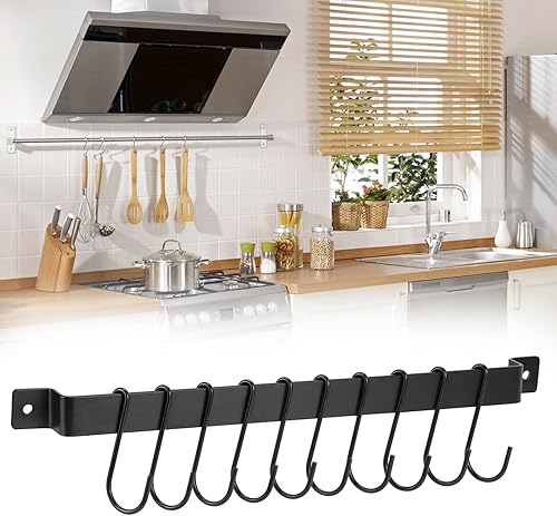 Miniatura 8 de QWORK Paquete de 2 soportes para utensilios de cocina, riel con 10 ganchos, organizador multiusos montado en la pared para utensilios, utensilios de
