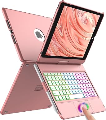 aMZCaSE Keyboard Case for iPad 9th Generation10.2",2021,Colorful Backlight,360 Slim Cover, Keyboard Case with Bluetooth Keyboard&Pencil Holder,for iPad 8th Gen 2020,7th Gen 2019,Rose Gold