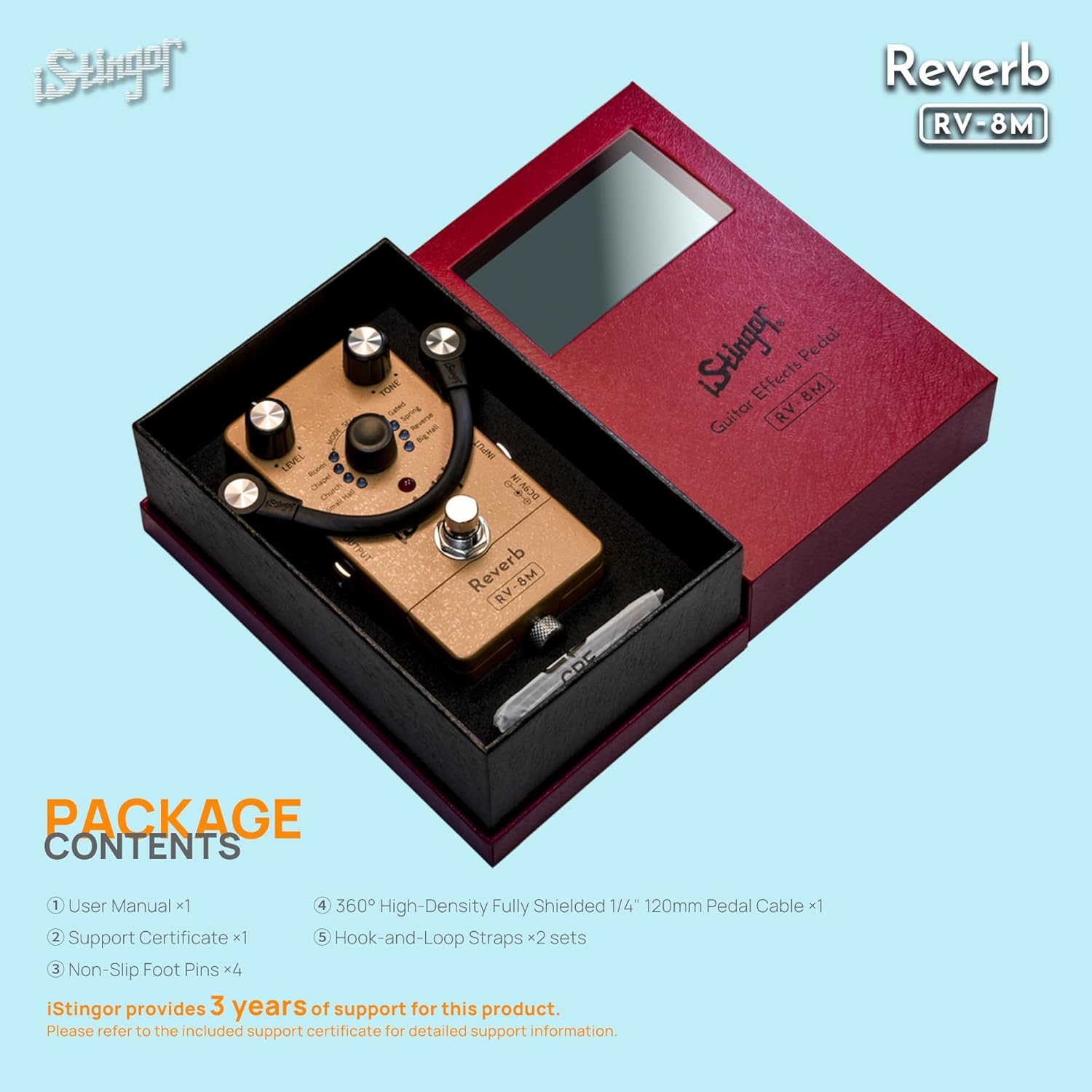 Reverb Guitar Pedal - RV-8M Effects Guitar Pedal, 8 Reverb Types, 24Bit/192kHz High-Resolution, Spring/Hall/Reverse/Gated Reverb, Noiseless Switching