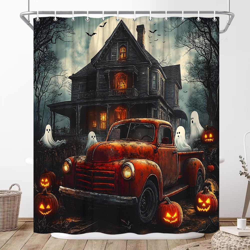 Halloween Castle Shower Curtain Horror Ghost Red Truck Spooky Pumpkins Bat Halloween Party Full Moon Gray Night Gothic Haunted House Forest Scary Sky Bathroom Decor Curtains 90x70 inch with Hook