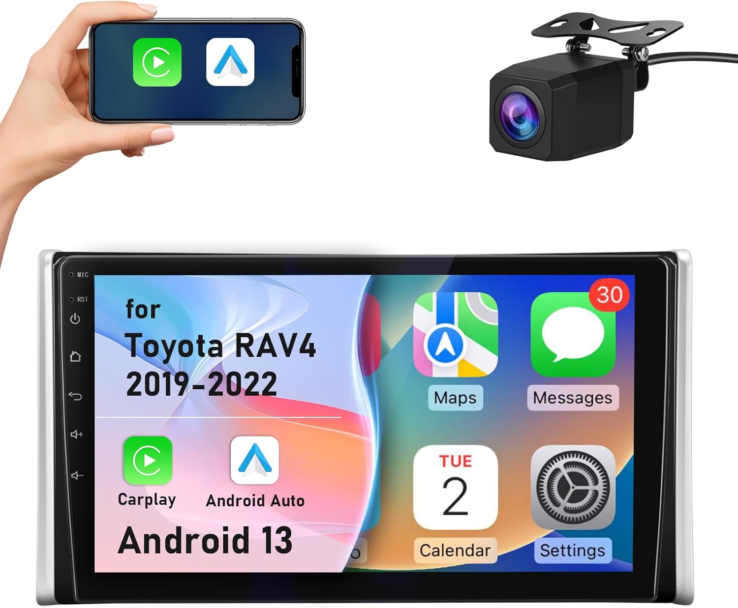 Android 13 Car Radio for Toyota RAV4 2019-2022 with 2G RAM 64G ROM Wireless CarPlay Android Auto GPS Navigation 10.1-inch Touch Screen Bluetooth WiFi Unit Back Camera