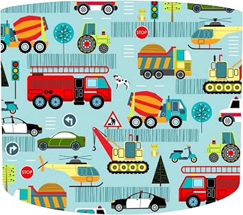 Leo & Cal, Blue Transport Drum Lampshade, Choice of 20cm, 25cm, 30cm 35cm Diameter, Boys Bedroom Light Shade, Car Vehicle Themed Ceiling Lightshade, Tractor Table Lamp Shade, Toddler Big Room