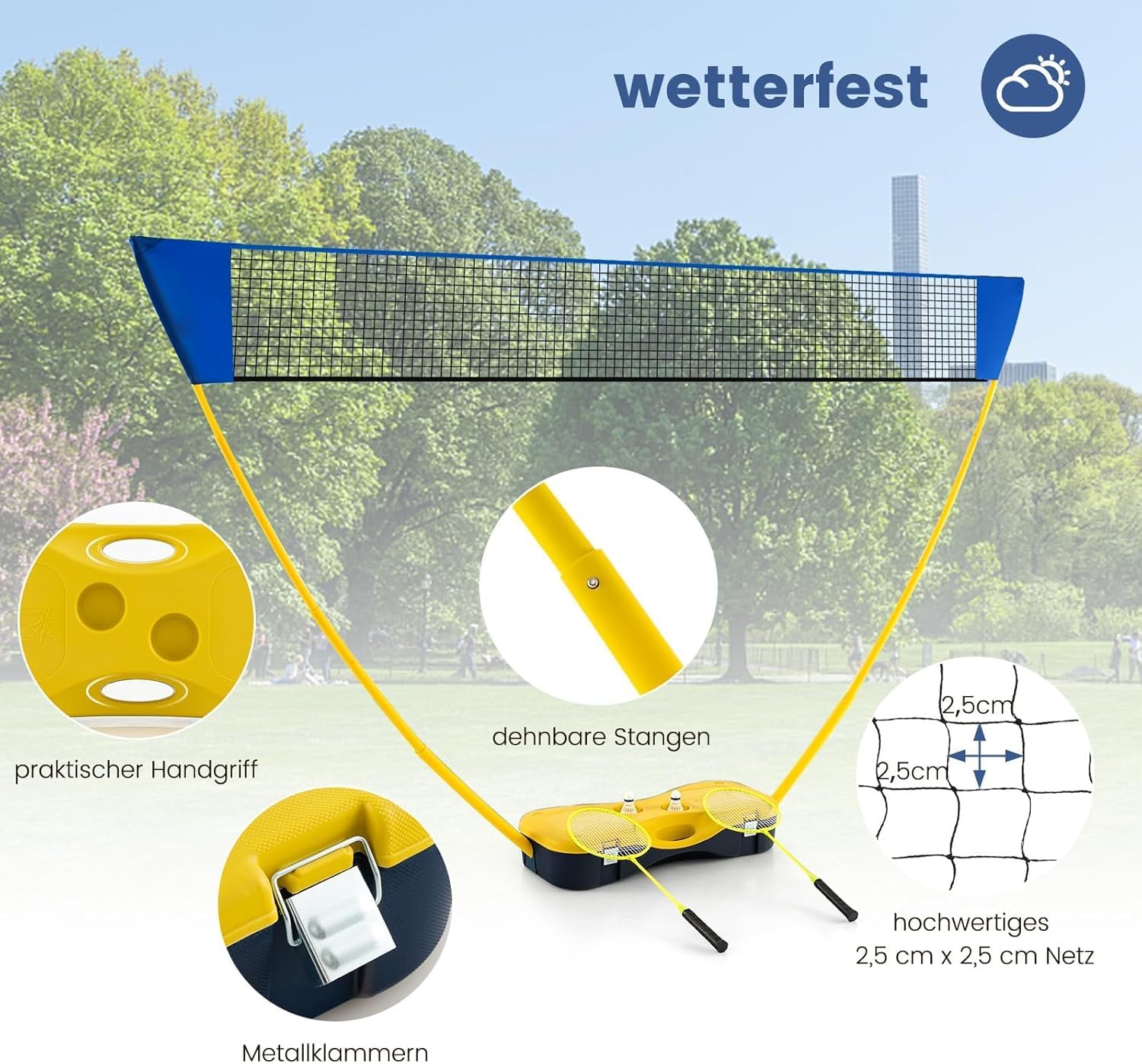 FANTASK Soporte de Red para bádminton, Juego de bádminton portátil, con Raquetas, 2 Volantes, Red y Caja de Almacenamiento, Color Amarillo
