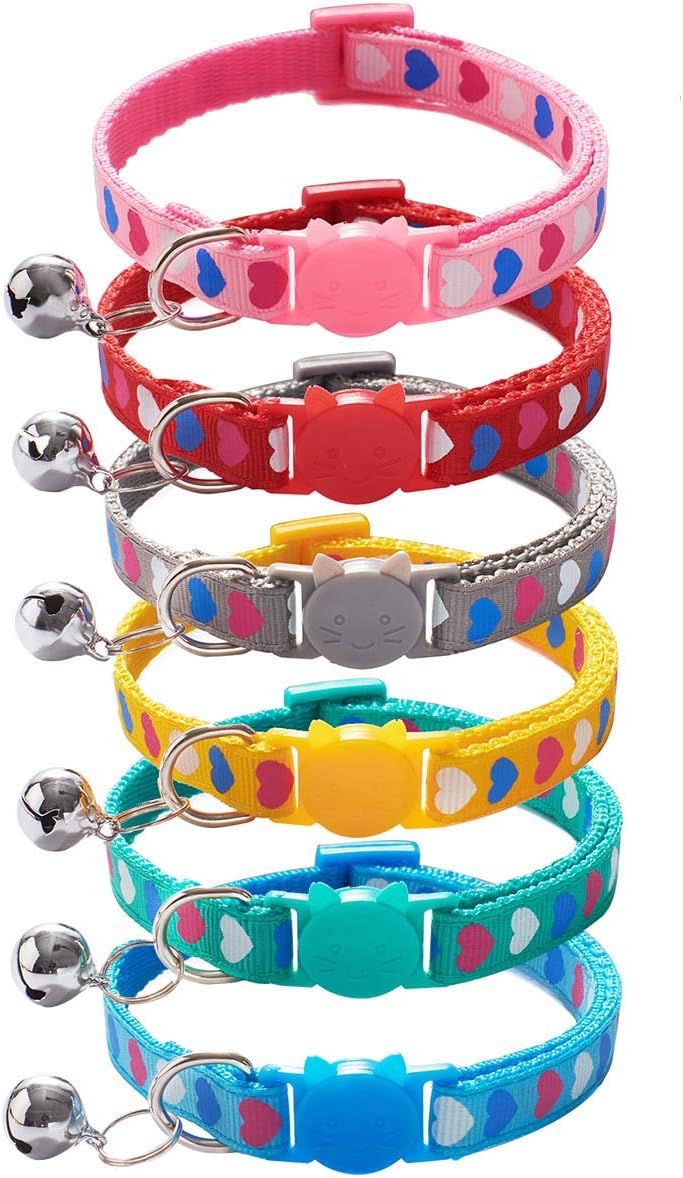 XPangle 6 Pcs Breakaway Cat Collar with Bell, Nylon Kitty Collars Mixed Colors Kitten Collars 7.5-12in (Love)