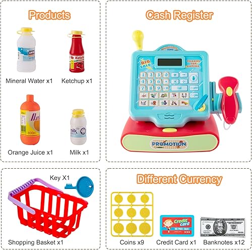 Miniatura 2 de Caja registradora para niños con escáner, calculadora de juego de simulación, juguetes de supermercado con canasta, dinero para jugar, tarjeta de