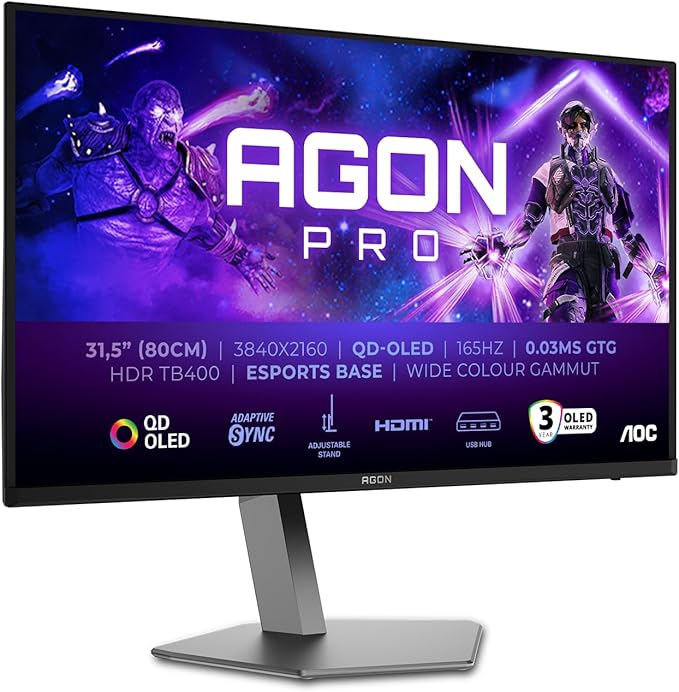AOC Moniteur AG326UD 31.5 Pouce 165Hz QD-OLED Dalle, 0.03ms GtG, HDR400 TrueBlack, G-Sync Compatible, Ajustable en Hauteur, Haut-parleurs, USB Hub(3840x2160 HDMI 2X 2.1 DP 1x 1.4) Noir