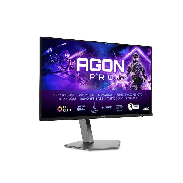 AOC Agon Pro AG326UDAM – 32-calowy monitor do gier OLED UHD, 165 Hz, 0,03 ms, HDR400, FreeSync Prem. Pro, wersja G-Sync. (3840×2160, 2X HDMI 2.1, 1x DP 1.4, Hub USB) Czarny Szary